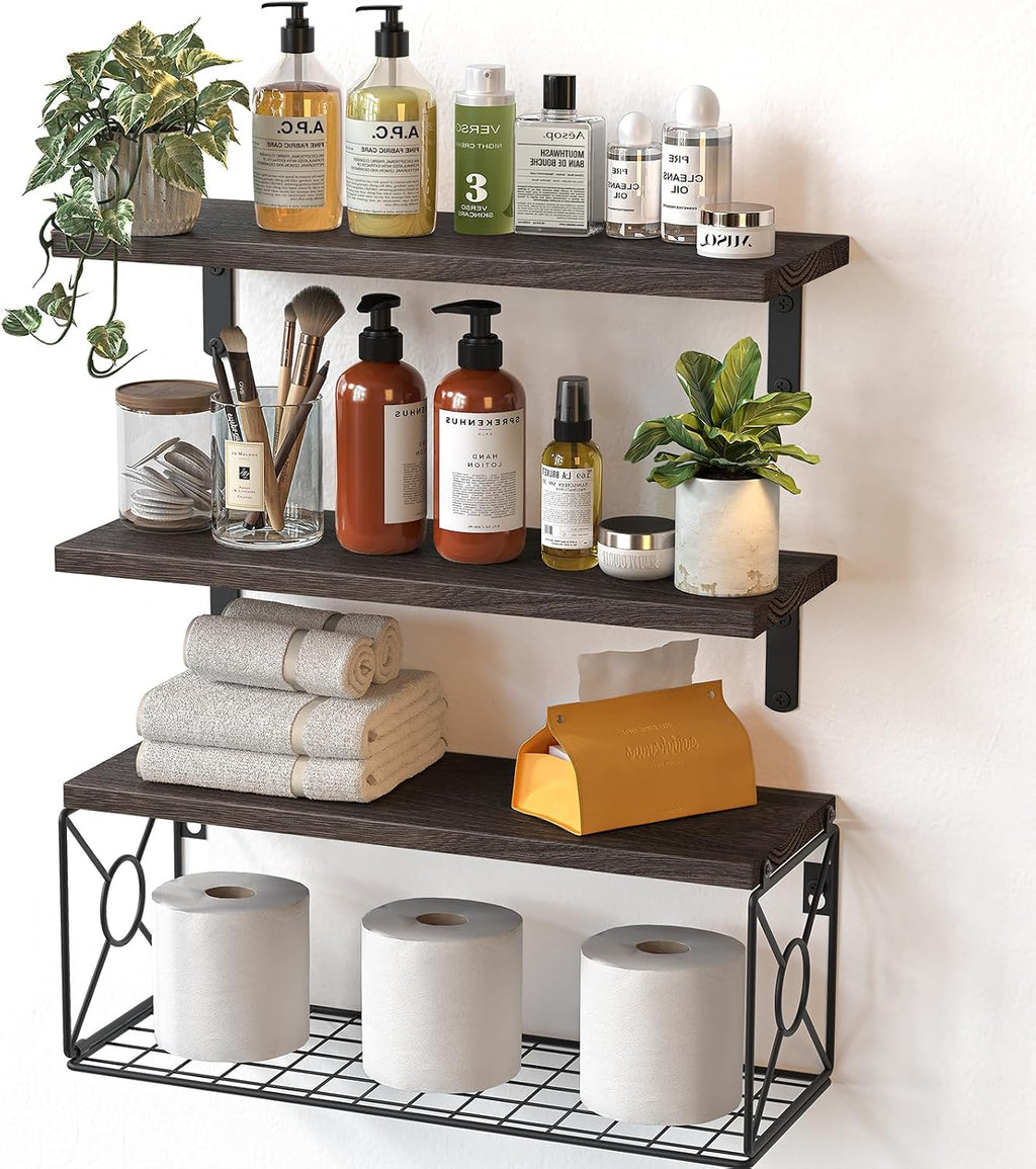 Amada Bathroom Shelves with Storage Basket, Set of 3, Rustic Brown