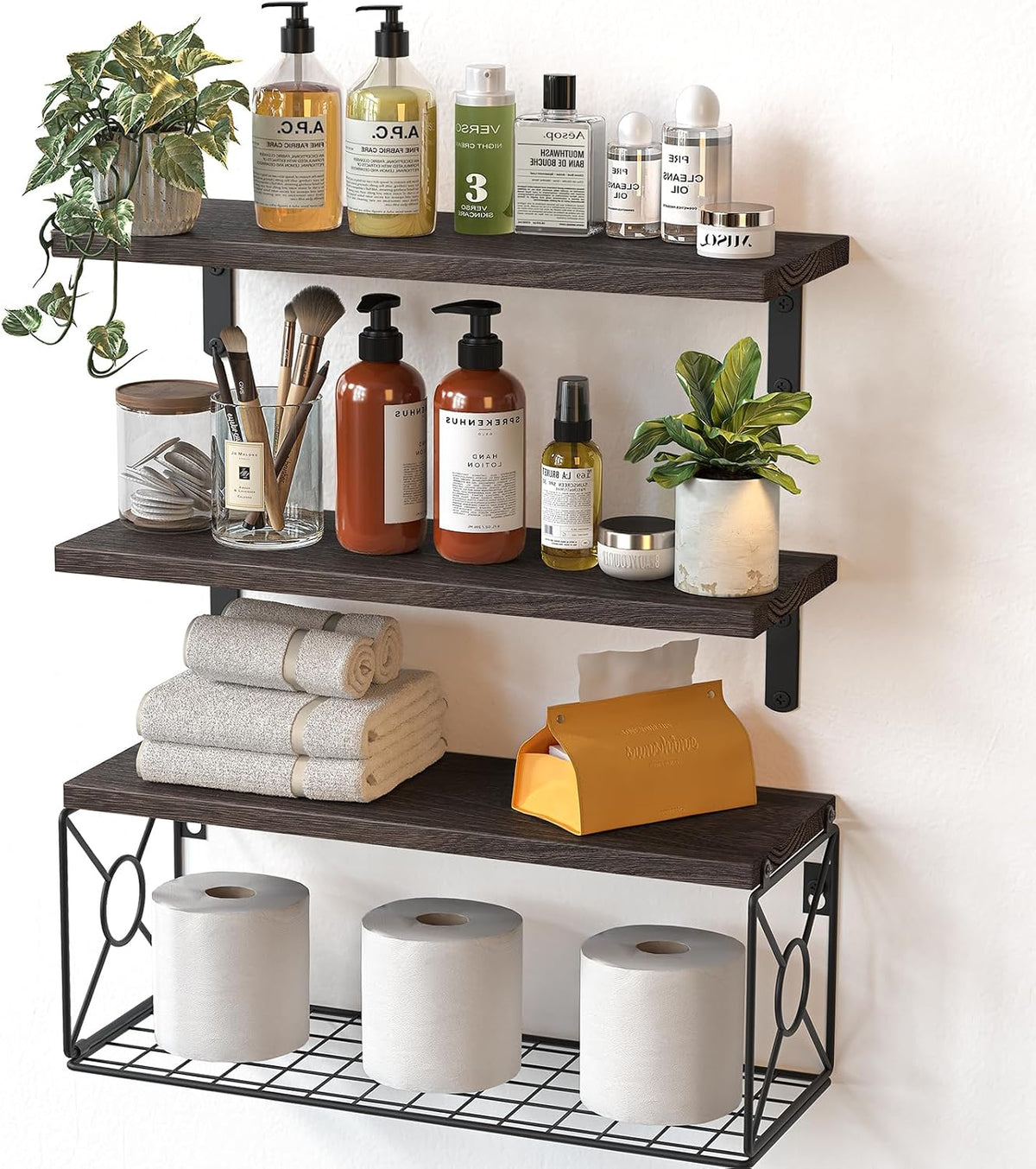 Amada Bathroom Shelves with Storage Basket, Set of 3, Rustic Brown