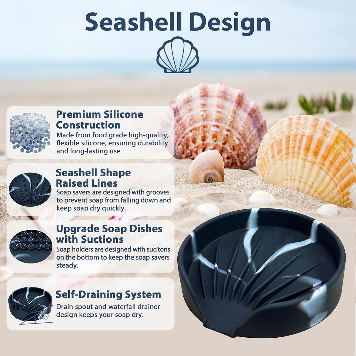 Self Draining Soap Dish, Silicone Soap Holder with Suction Cup and Drain Spout, Kitchen Bathroom Sink Organizer, Dish Soap Bar Tray Savers Sponge Holder, Perfect for Dispenser, Scrubber, Bottle, Cup