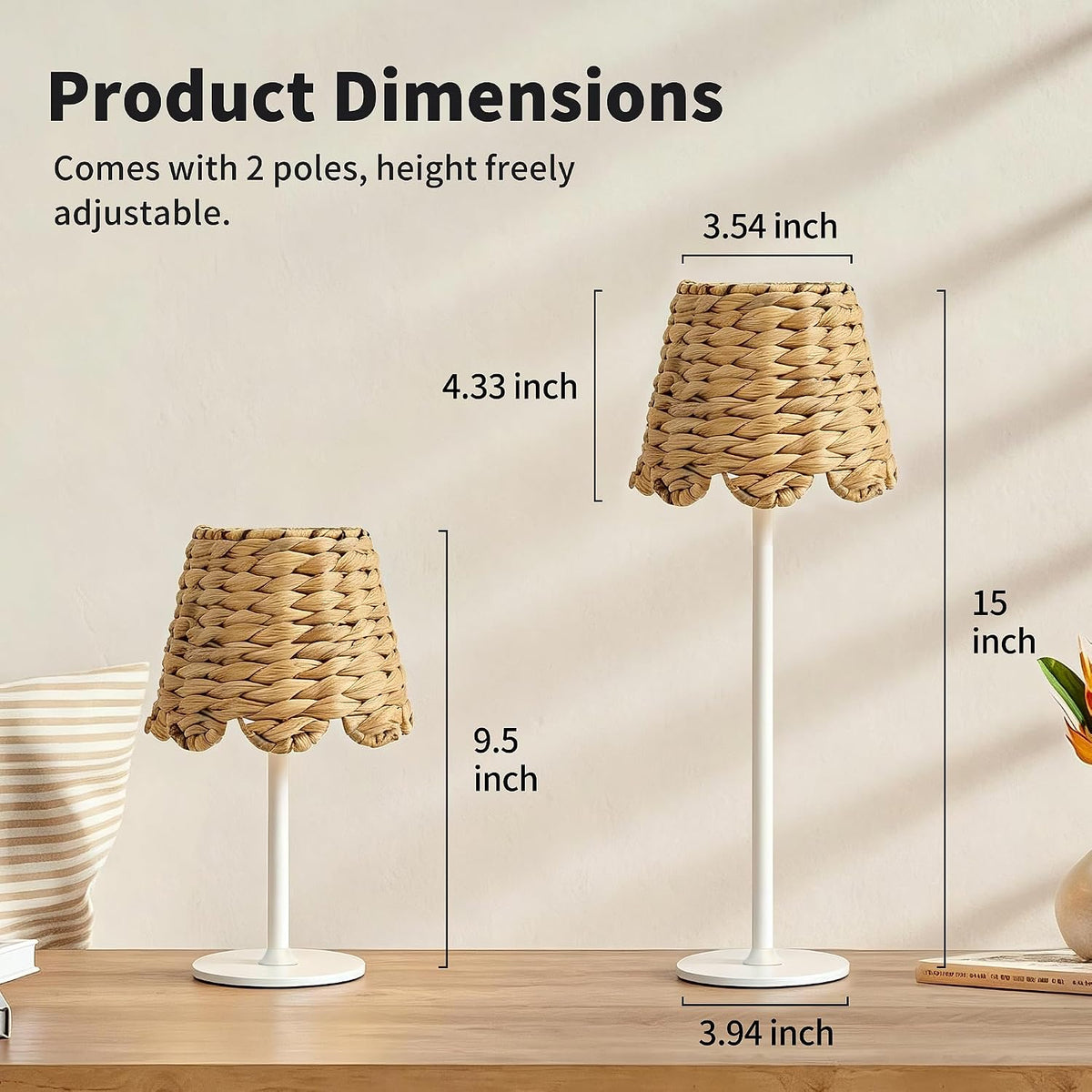 Cordless Rechargeable Table Lamp with Bohemian Wicker Water Hyacinth Lampshade, Battery Powered Top Touch Table Light with 3 Color Stepless Dimming for Patio Restaurant (White)