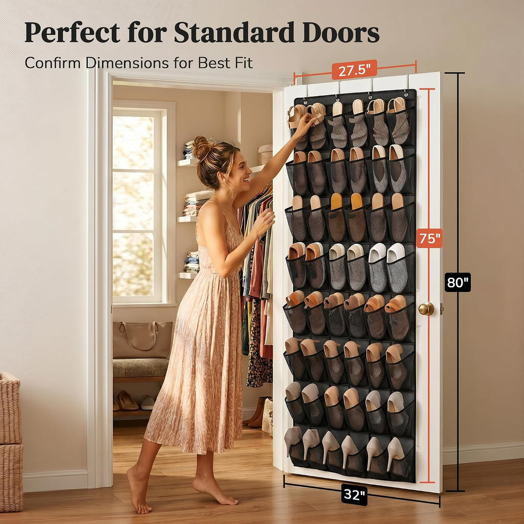 48 Pockets Over the Door Shoe Organizer, Fits Women's Shoes Up to US Size 9, 6-Column Heavy Duty Shoe Storage for Sneakers & Heels, Mesh Hanging Rack for Entryway, Bedroom & Dorm, Black