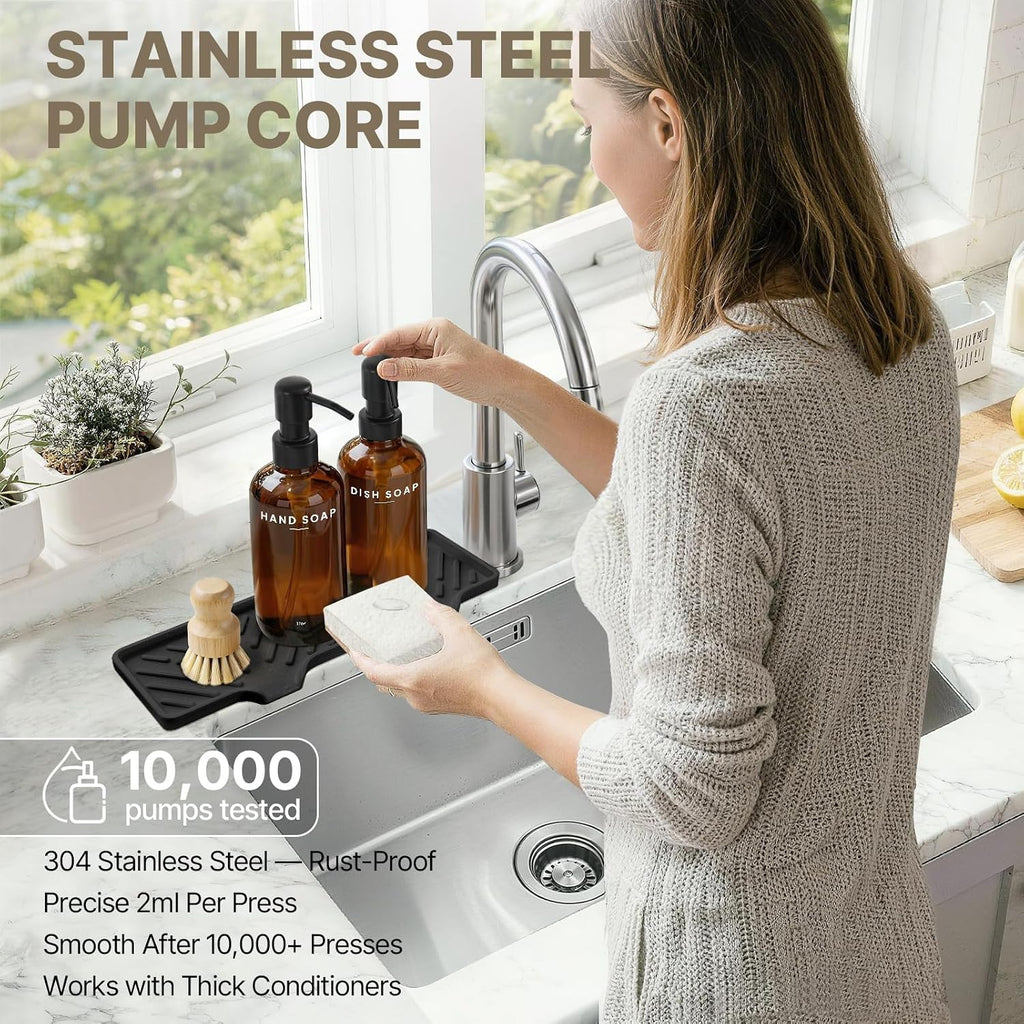 Kitchen Soap Dispenser Set with Self Draining Silicone Tray, Brush, Sponge