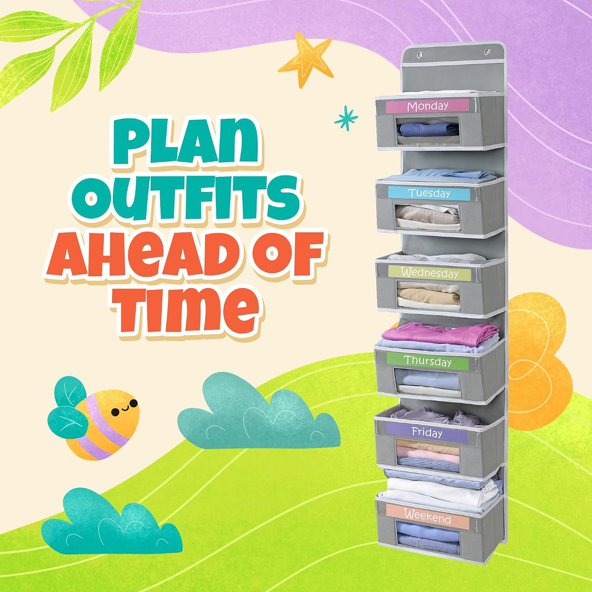 Weekly Clothes Organizer for Kids, Hanging Closet Daily Outfit Storage