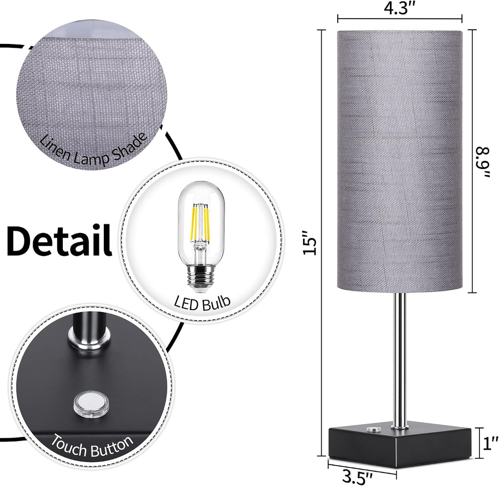 AVV Cordless Table Lamp with Dimmable, Rechargeable 3 Modes Battery Powered Bedside Lamp, Battery Operated Lamps for Night Stand, Touch Lamp for Bedroom, Living Room,15 Inch Grey 2PK