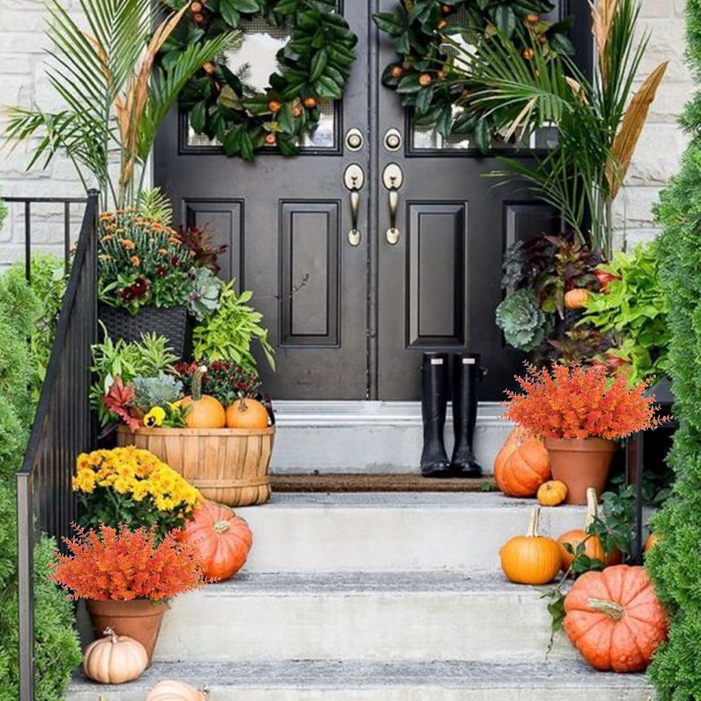 Coferset 8 Bundles Outdoor Fall Faux Eucalyptus Plants,Orange