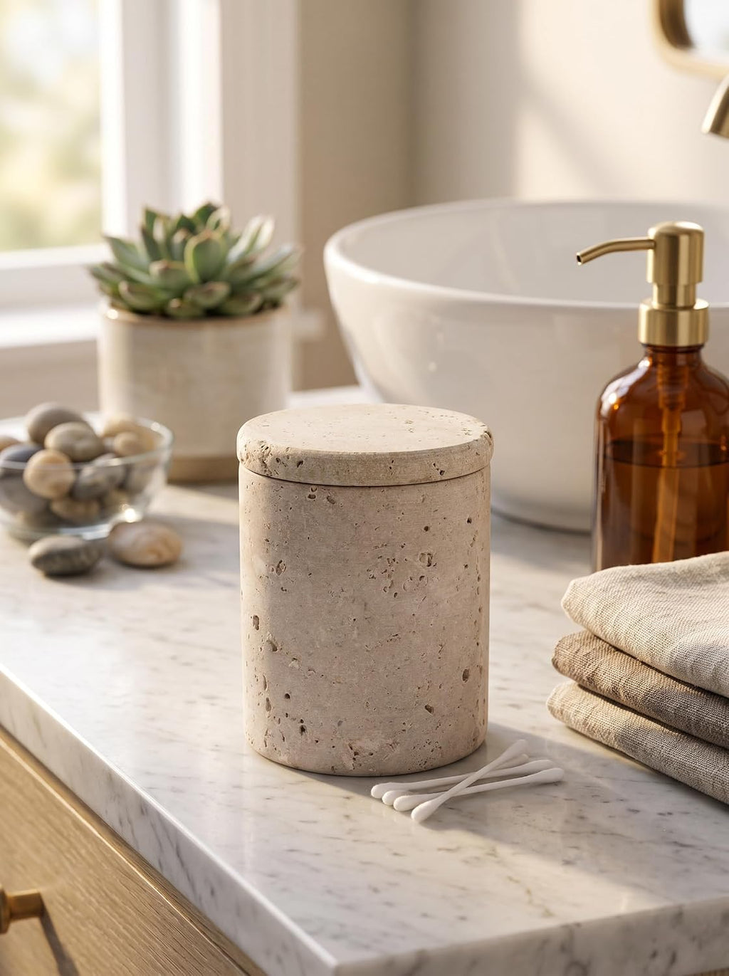 Travertine Q-Tip Holder for Bathroom, 4" Cotton Swab Canister