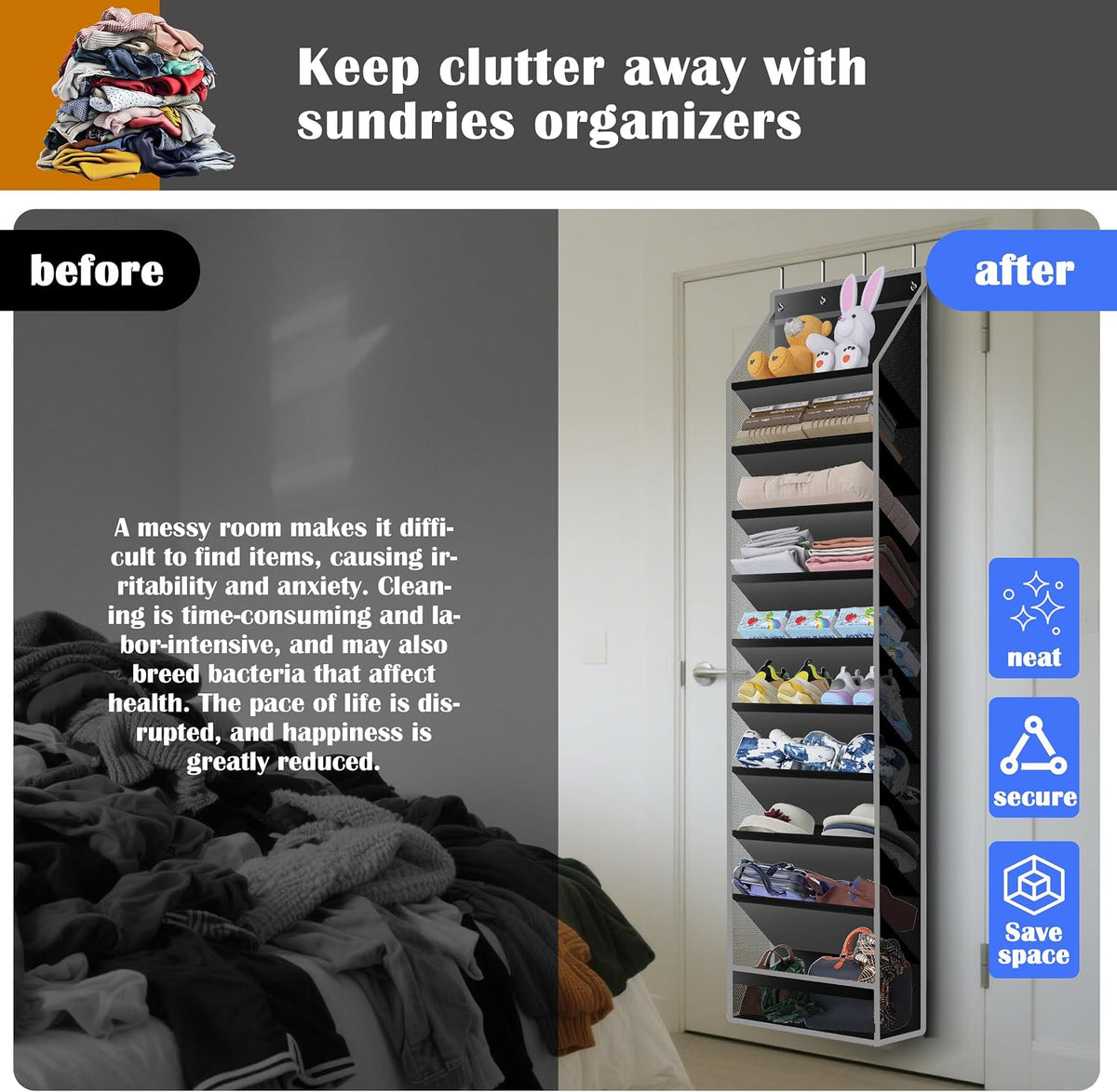 10 - Pocket Over - the - Door Hanging Shoe Organizers & Rack, Made of Sturdy 600D Oxford + Non - Woven Fabric, Space - Saving Storage for Shoes, Boots & More (Black)
