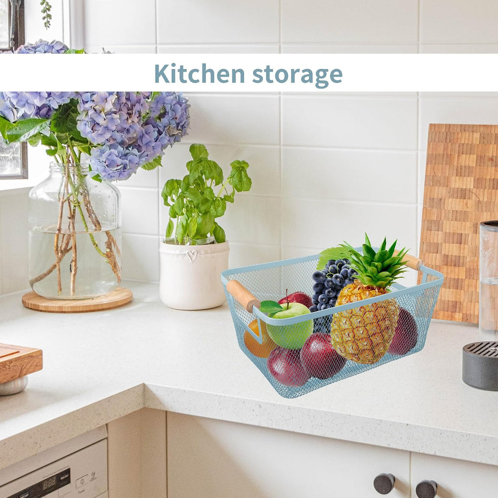 2Pack Metal Mesh Steel Basket with Bamboo Handle - Wire Metal Basket for Kitchen Organization, 12" Wide Food Organizer Bin, Perfect for Organizing Bulk Pantry (BLUE)