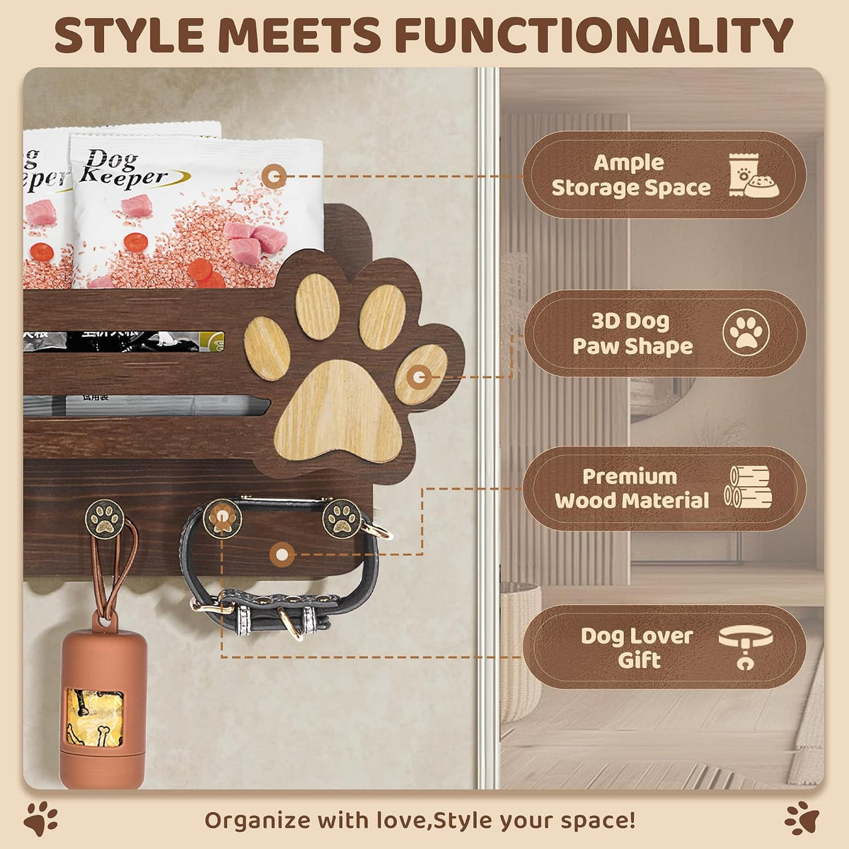MTERSN Dog Leash Holder for Wall with Mail Holder for Pet Lovers,Dark Brown