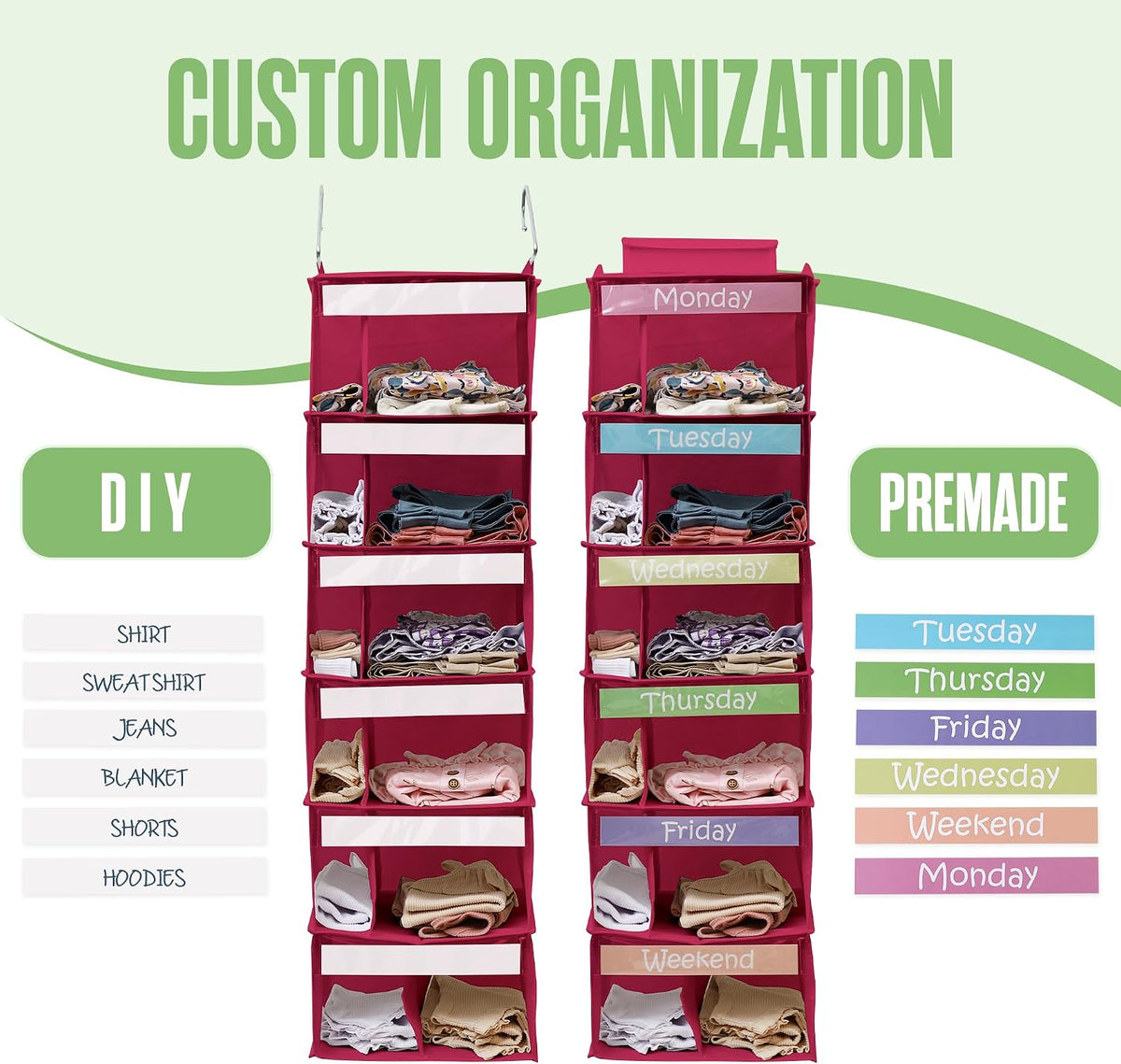 Kids Clothes Organizer, Weekly Clothes Organizer for Kids, Pink, 6 Shelf