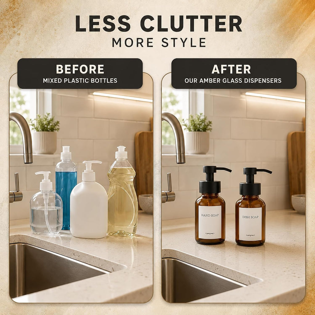 Amber Glass Foaming Soap Dispenser, 2 Pack, 8.5 Oz, Refillable
