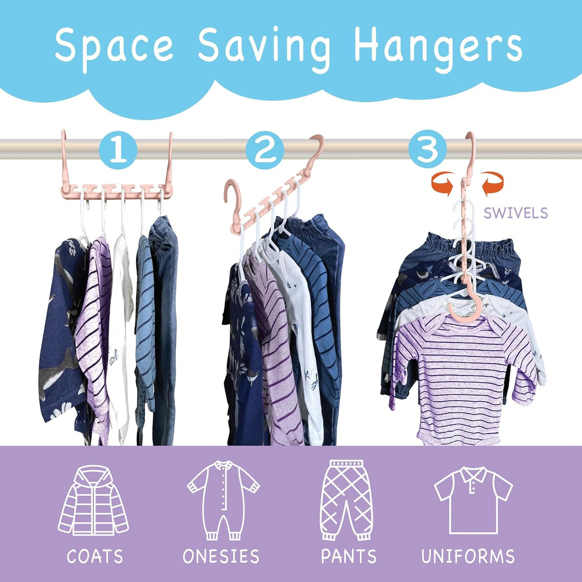 Wonder Hanger Max Space Saving Hangers, 10-Pack, 360° Hooks, Pastel Pink