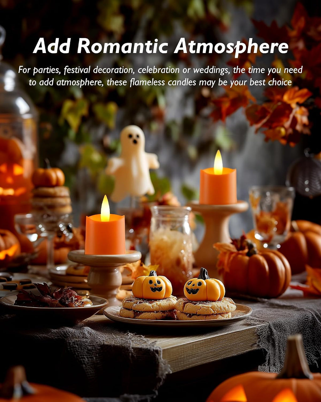 Homemory 12Pack Timer Flameless LED Votive Candles, Long Lasting Battery Operated Tealight, for Halloween Decorations, Theme Party, Thanksgiving Day-Orange Base