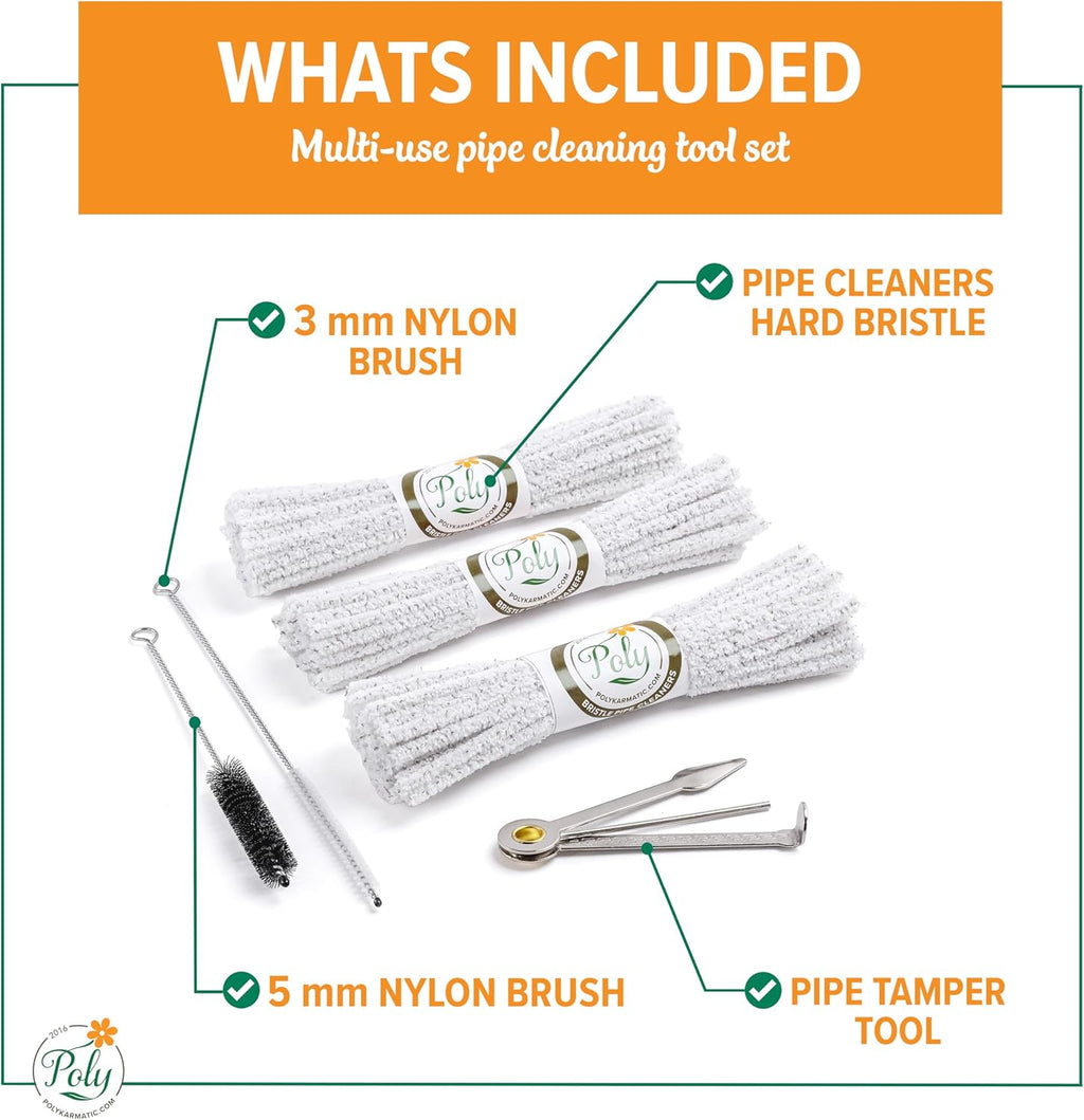 Pipe Cleaners Tool Set | 132 Hard Bristle Pipe Cleaners Bulk, 2 Nylon Bristle Brush, Tamper Tool | Nylon Bristles for Extra Scrub | Absorbent Cotton | Pipe Cleaners for Cleaning | Chenille Stems