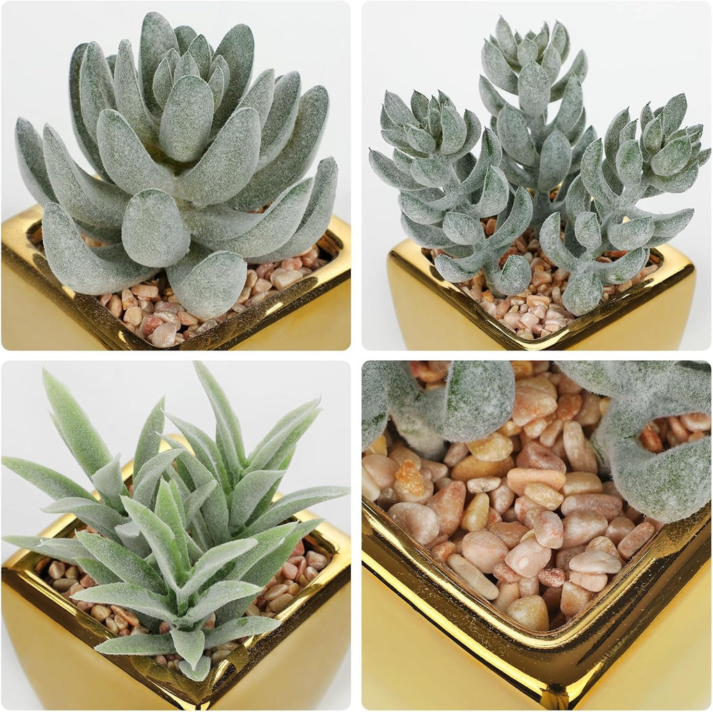 Hollyone Small Succulents Artificial 3 Pcs Faux Succulents with Gold Pots Mini Fake Succulent Plants Indoor Plant Ceramic Pots for Modern Office Desk Bathroom Shelf Living Room Home Decor Sage Green