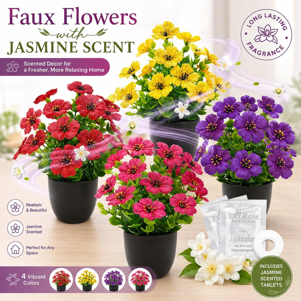 Der Rose 4 Pack Fake Flowers with Fragrance Discs for Black Bathroom Decor