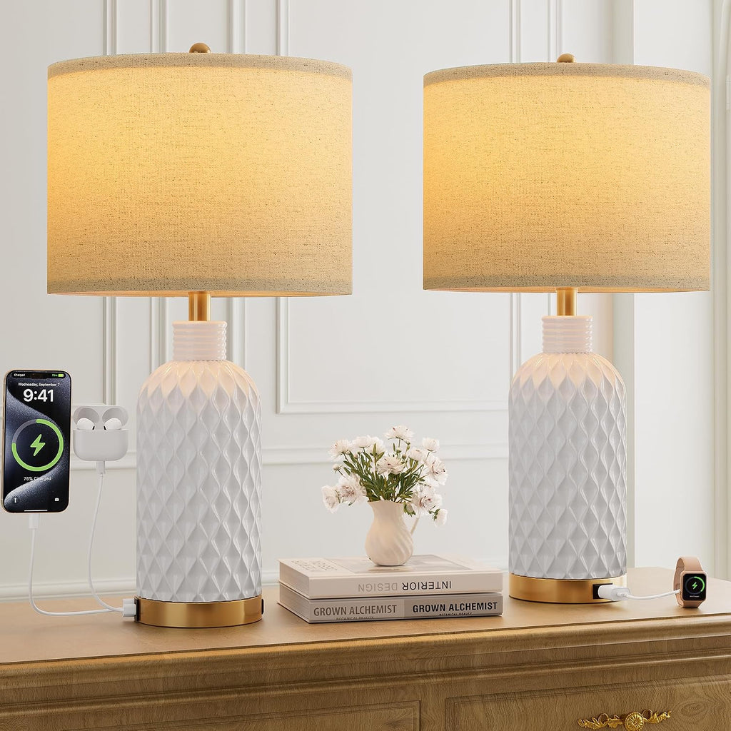 SIBRILLE 25" Ceramic Table Lamps Set of 2, White, USB-C/USB-A & AC Outlet