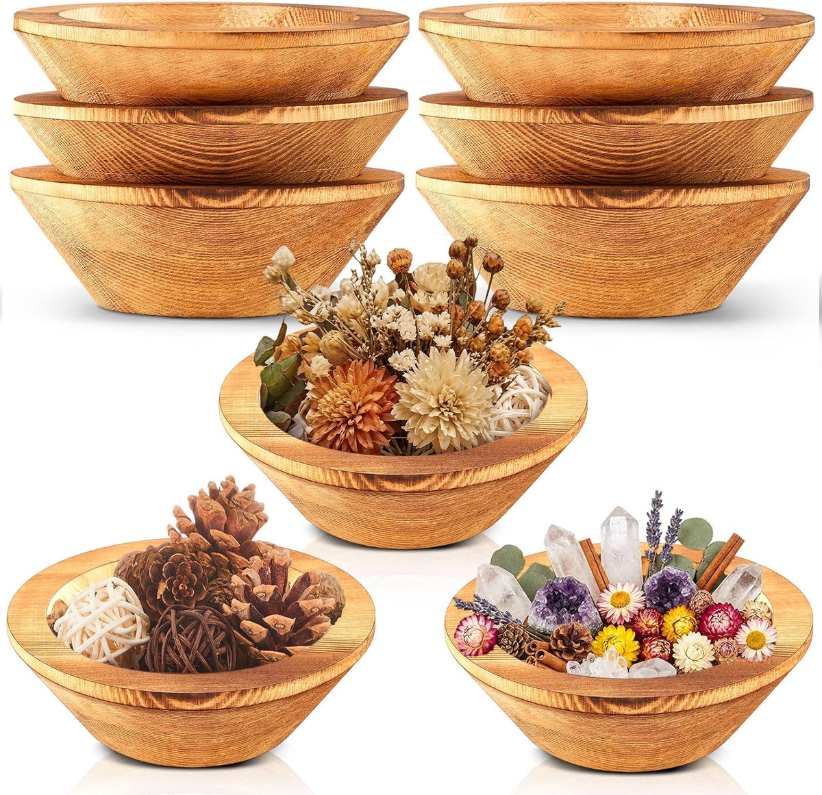 6 Pcs Wooden Dough Bowls for Decoration Passover Vintage Round Hand Carved Wood Bowl Bulk for DIY Crafts Decoration Farmhouse Supplies Housewarming Gift (Brown)