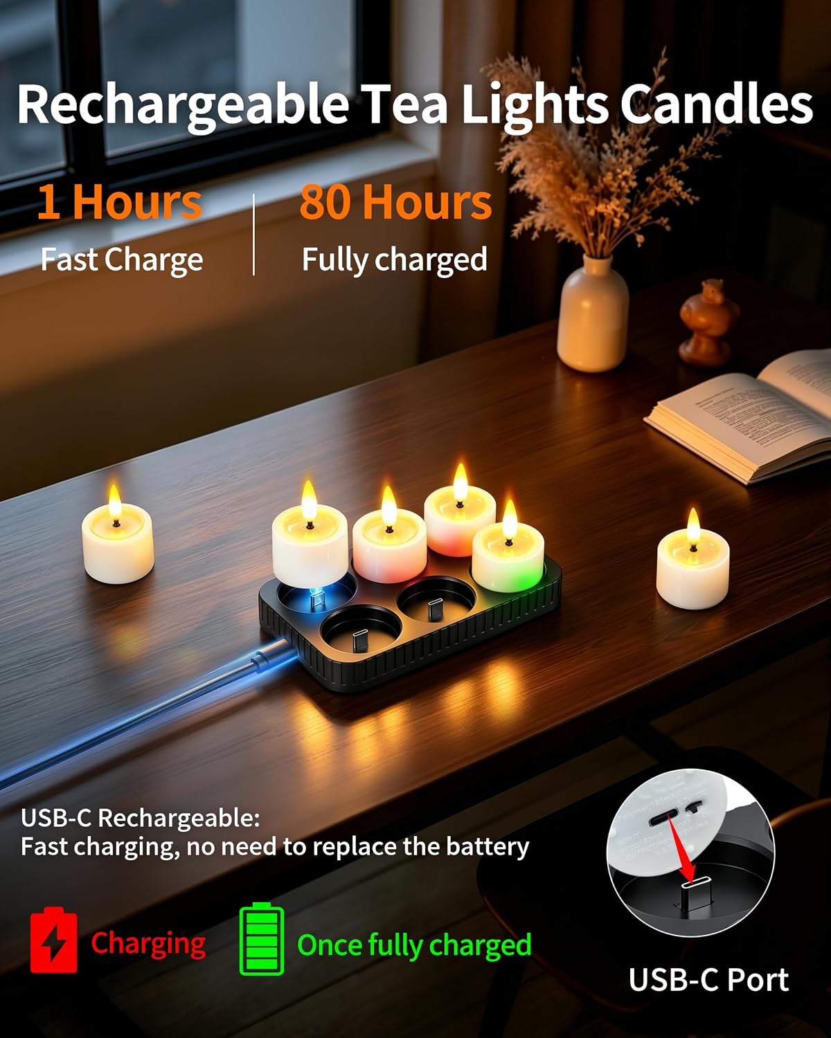 6 Pack Rechargeable Tea Lights Candles with Charging Base and Remote Timer