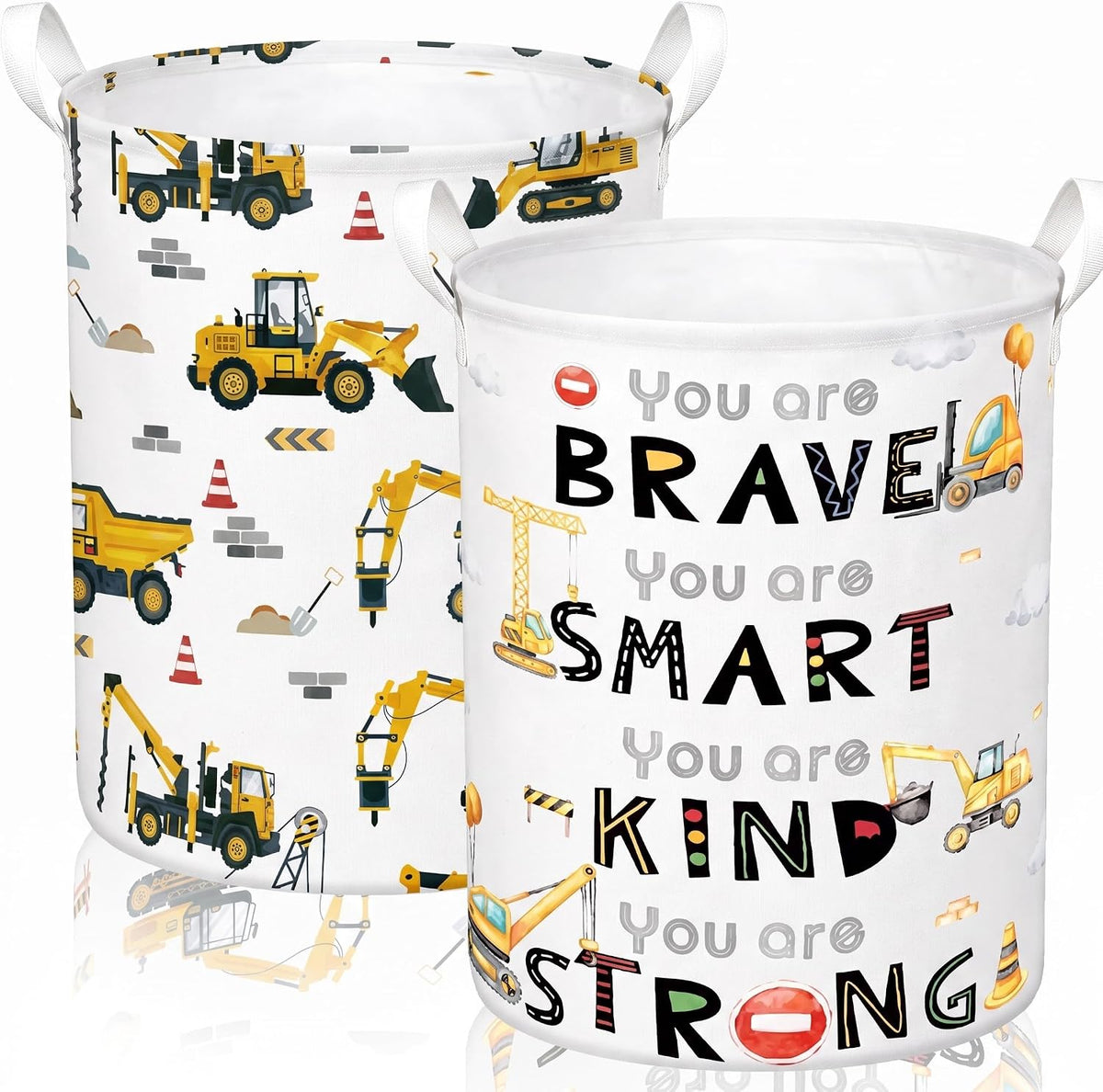2 Pcs Construction Laundry Hamper Basket Construction Room Decor Large 19.7x14.6 Inch Round Collapsible Excavator Truck Toy Clothes Storage Organizer for Bedroom Decor Playroom