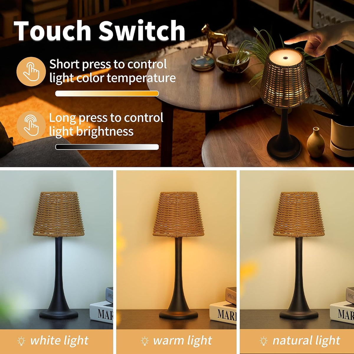 Mr. White Outdoor Waterproof Cordless Rechargeable Portable Touch Battery Operated Powered Table Lamp for Restaurant Kitchen Patio Dinner Dining (Black)
