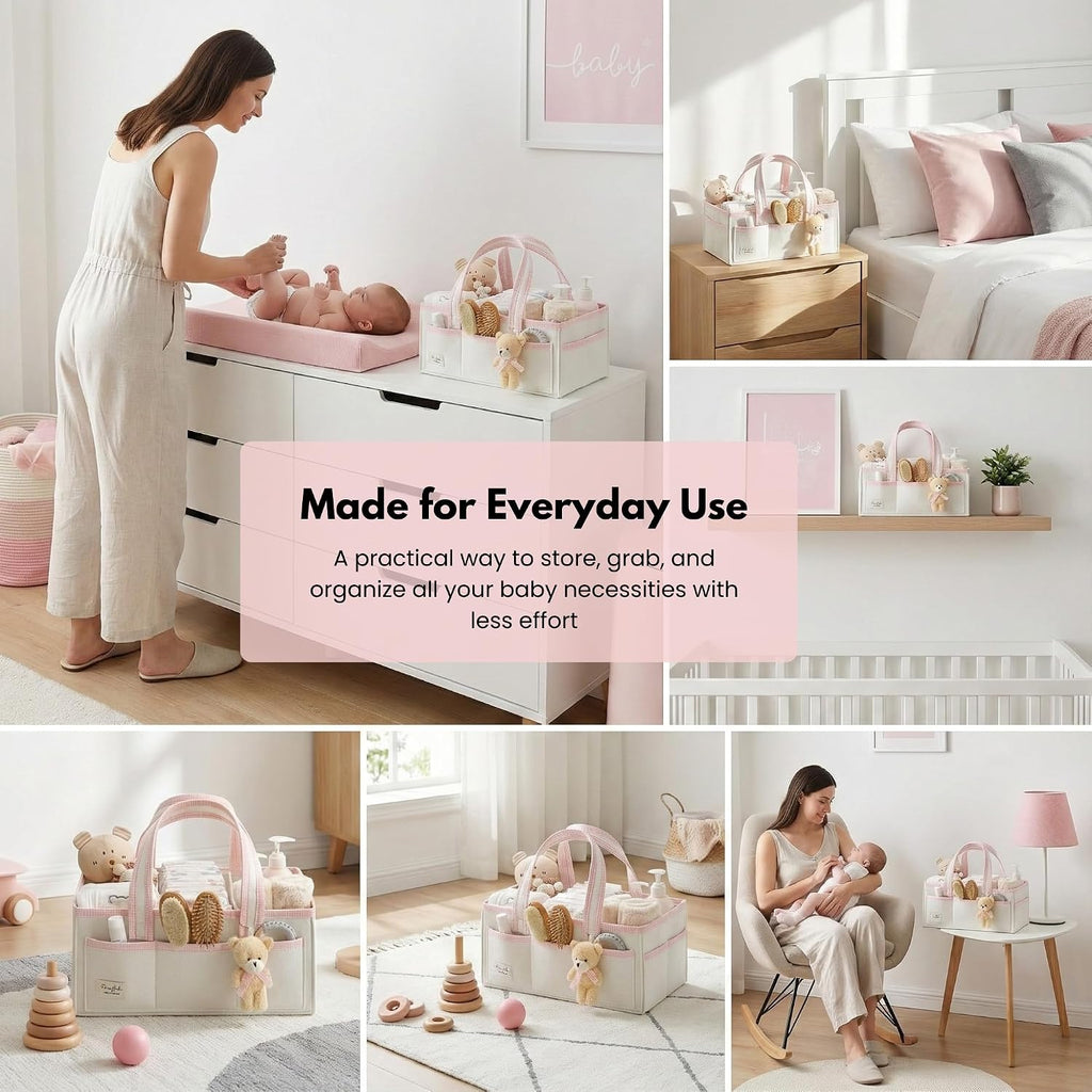 PeraBella Baby Diaper Caddy Organizer, XL Baby Basket Shower Gift Caddy, Portable Felt Changing Table Basket, Nursery Storage Bin, Newborn Boy and Girl Essentials for Registry, Car Diaper Organizer
