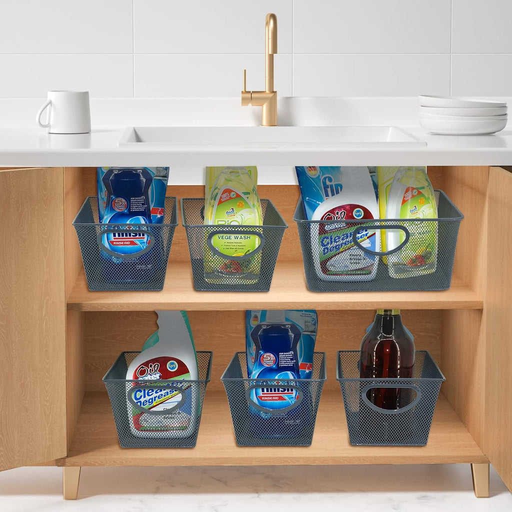 Neudeco Wire Storage Baskets - 6 Pack Metal Mesh Organizers for Kitchen, Laundry, Garage, Fridge & Bathroom - Gray