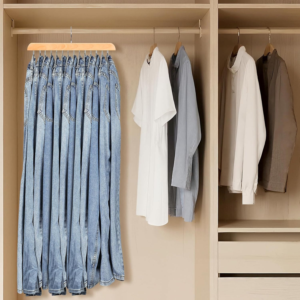 Jean Hangers for Closet, 14 Wood Jeans Hooks Space Saving, 180° Rotating Jean Hangers Holder for Skirts/Shorts/Belts/Ties, Closet Organizers and Storage, Pants Hooks for Jeans, 2 Pack, Natrual