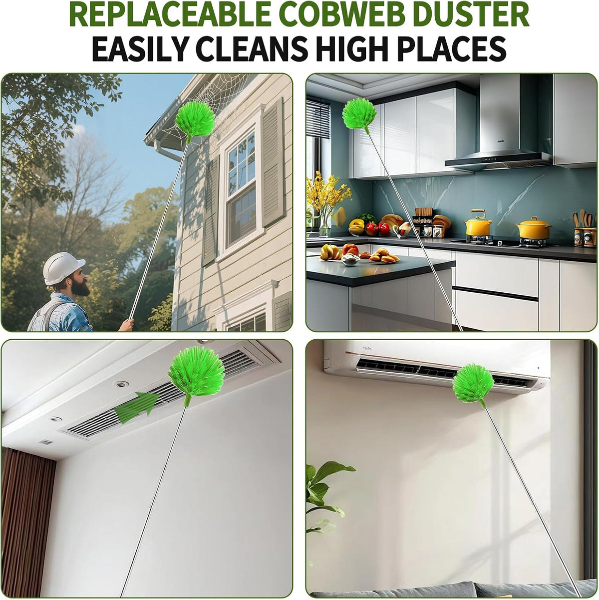 Cobweb Duster with Extension Pole,Washable Cleaning Duster Set with 2 Duster Heads,Corner Brush,15-110-Inch Telescoping Pole for high Ceiling Fans, Long Duster for High Ceilings,Spider Web Brush