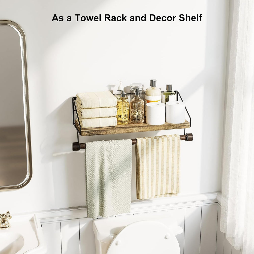 Alsonerbay Floating Shelf for Wall with Wooden Towel Bar, Carbonized Black