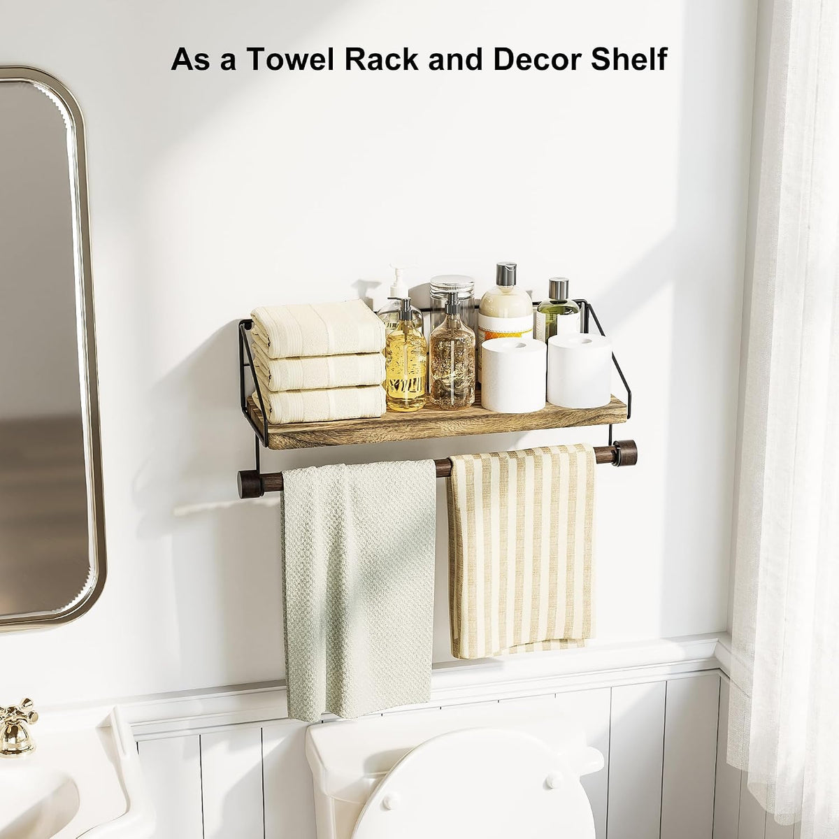 Alsonerbay Floating Shelf for Wall with Wooden Towel Bar, Carbonized Black