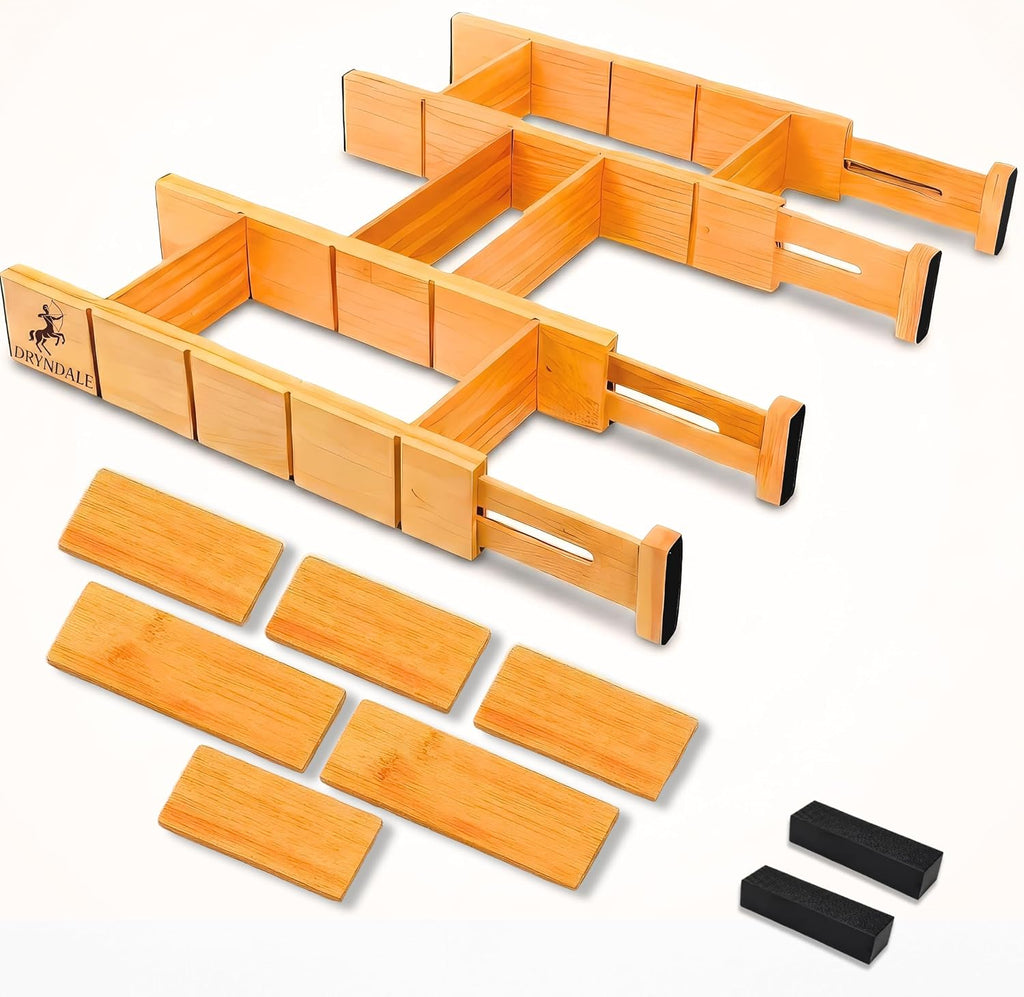 13.9-17.7" Expandable Bamboo Drawer Dividers with Inserts 4-Pack Spring-Loaded with Non-Slip EVA Pads, Adjustable Separator Set for Kitchen,Dresser,Bedroom, Office,Bathroom