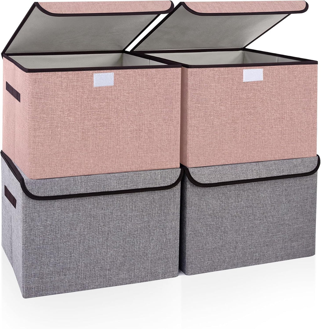 Bagnizer Linen Fabric Foldable Storage Cube Bin Organizer Basket with Flip-Top Lid & Handles, Large Clothes Blanket Box for Home, Office, Closet, Gray & Pink, 4 Pack 14.6 x 9.5 x 9.5”