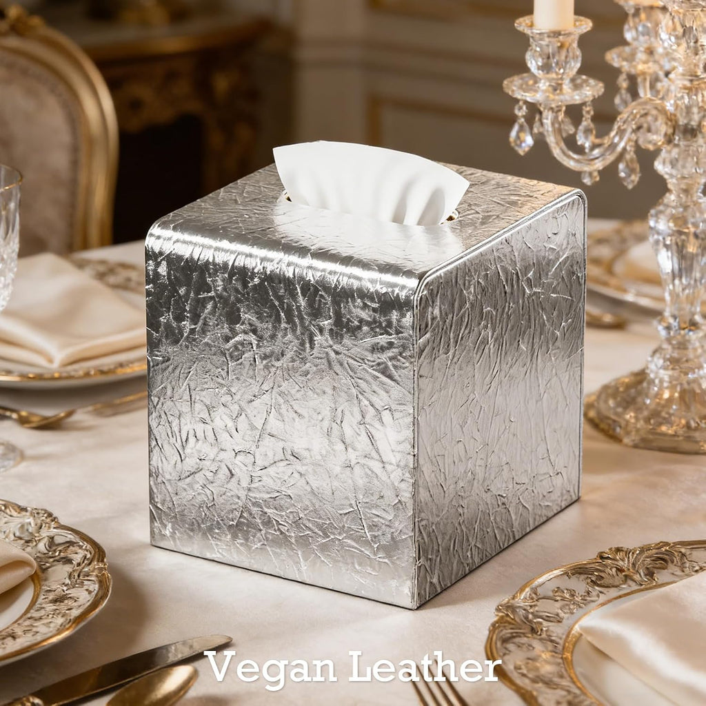 Silver Tissue Box Cover,Square Leather Tissue Box Cover with Magnetic Closure,Tissue Vessel for Bathroom Toilet Bedroom Living Room Table Desk Office,Modern Home Decor
