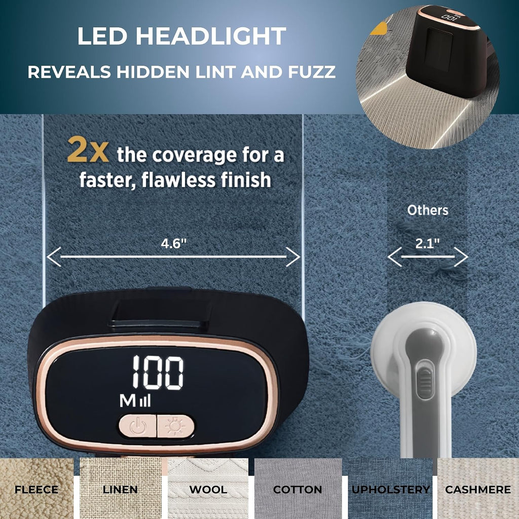 True & Tidy Dual-Head Fabric Shaver with 3-Speed Turbo Power, Rechargeable Lint & Pill Remover for Couches, Upholstery, Furniture, Clothing & Blankets, Built-in LED Light