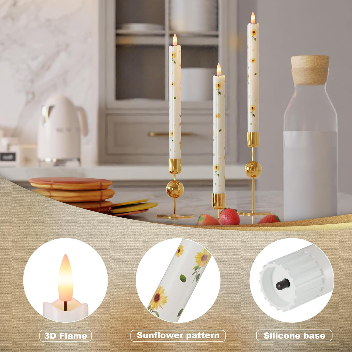 JOIONE Sunflower Flameless Taper Candles with Remote, 3 Pack Home Decor