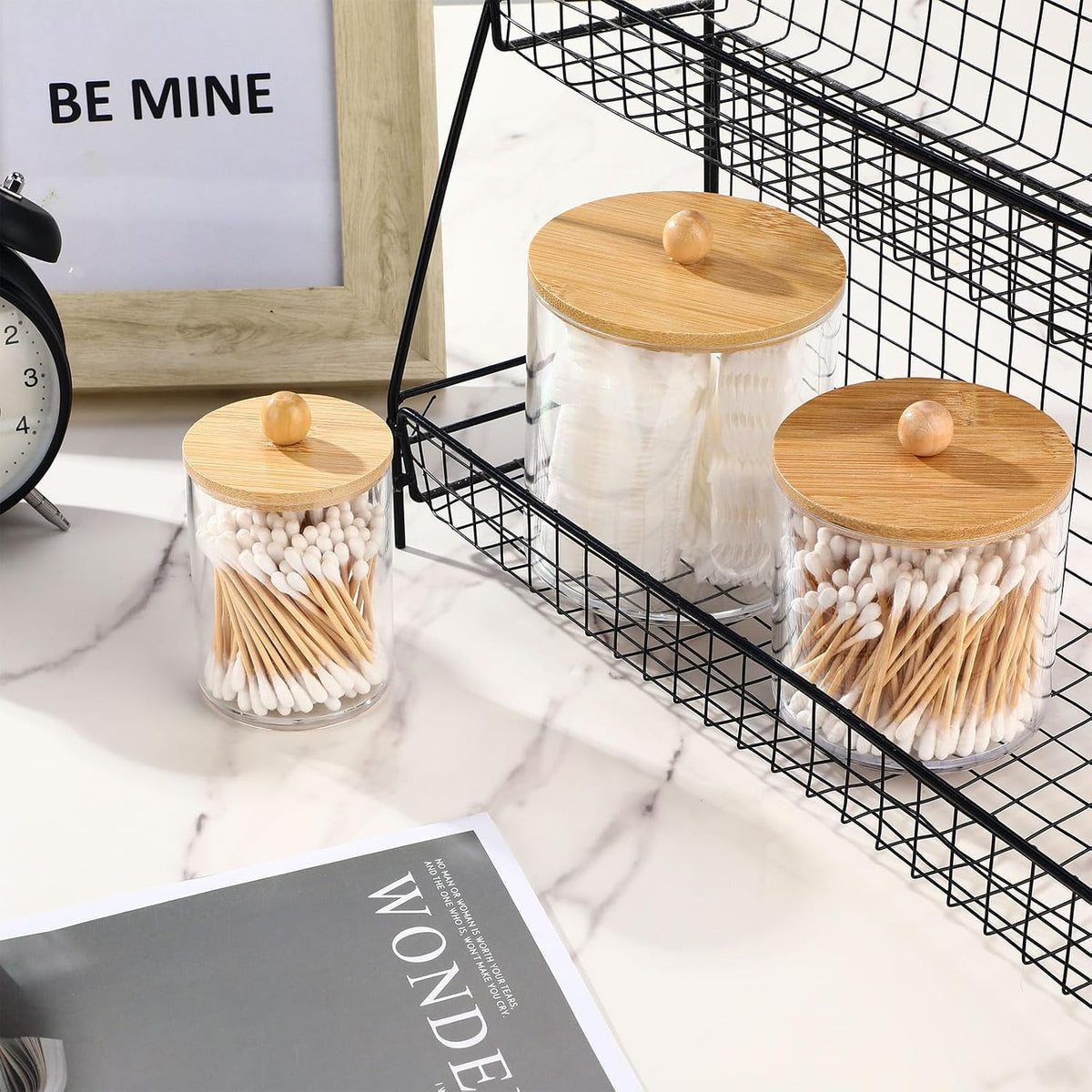 Meanplan 9 Pack Clear Acrylic Apothecary Jars with Bamboo Spherical Lids