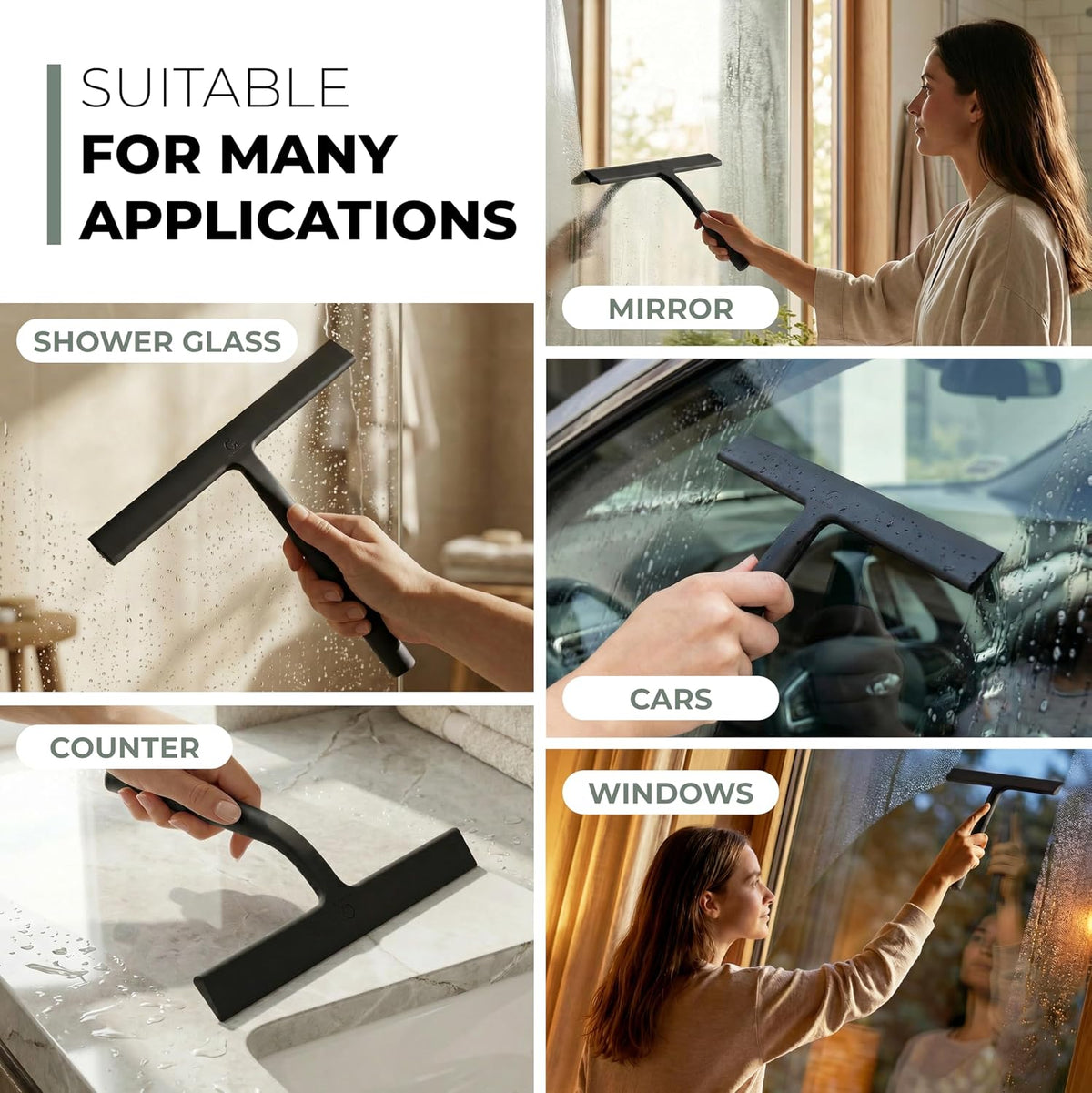GÜTEWERK Silicone Shower Squeegee with 3-in-1 No-Drill Mount, Black, 9''