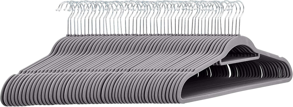 Amazon Basics Space Saving Heavy Duty Non-Slip Velvet Suit Hangers with Horizontal Tie Bar, Sturdy for Clothes Organization and Storage, Dark Gray, 50-Pack