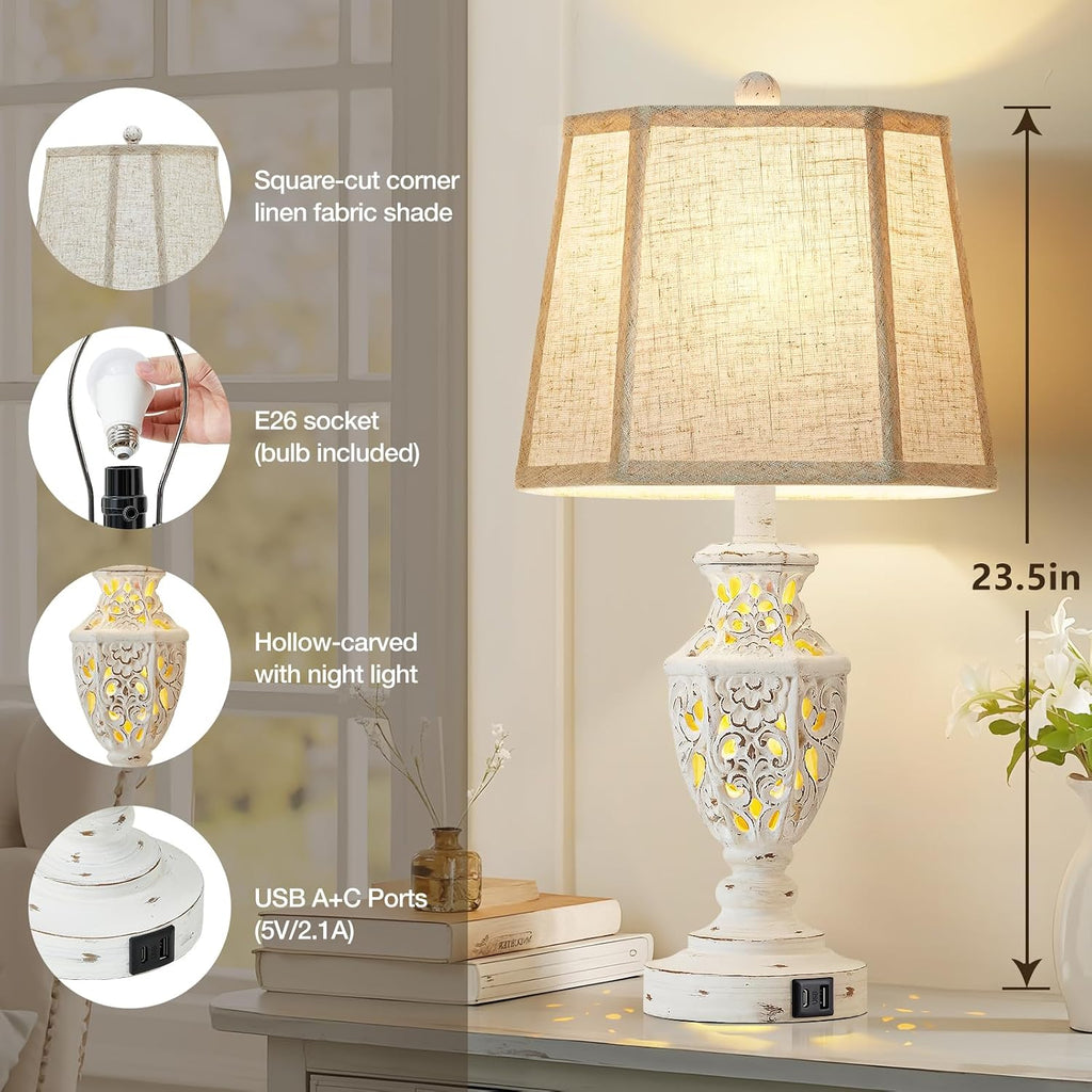 EJIAXIN Lamps for Night Stands Set of 2-23.5" Boho Bedside Lamp with USB A+C and Nightlight - Cream Rustic Carved Resin Farmhouse Table Lamp for Bedrooms, End Tables, Living Room, Bulbs Included