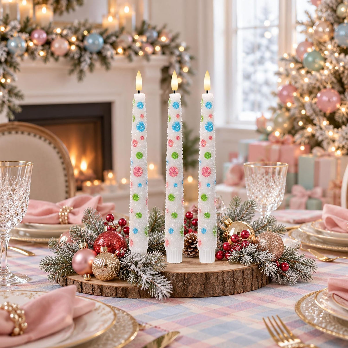 Pastel Dot Flameless Taper Candles with Remote, Set of 3, Christmas Decor