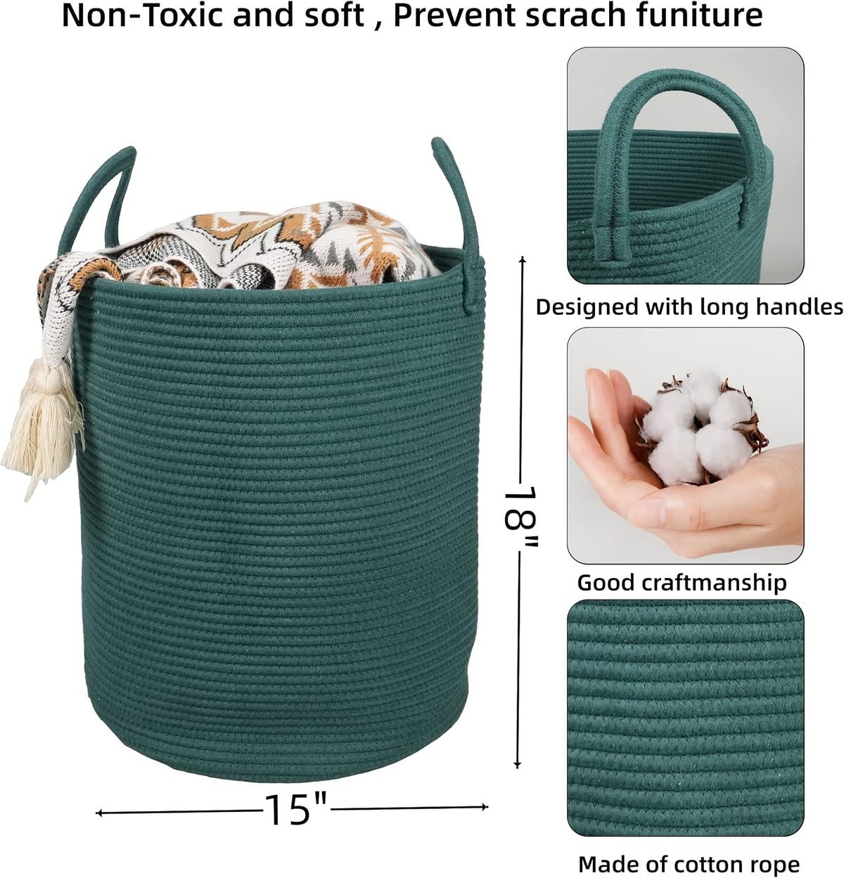 XUANGUO Cotton Rope Laundry Basket Hamper for Clothes Large Dark Green