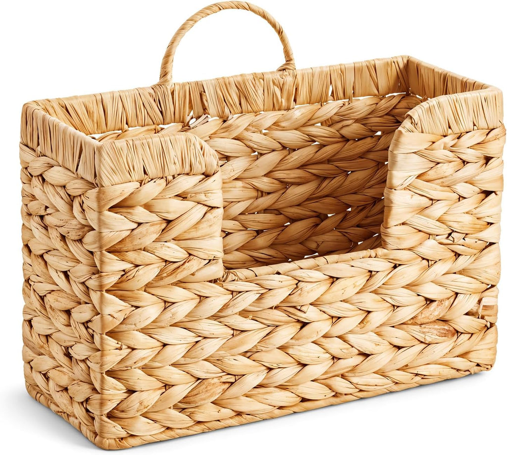 Woven Hanging Magazine Holder, Water Hyacinth Hanging Magazine Basket 11.8 x 4.3 x 7.9 Inch Wall Mounted Basket for Mail Woven Wall Magazines Rack with Handle for Home Office