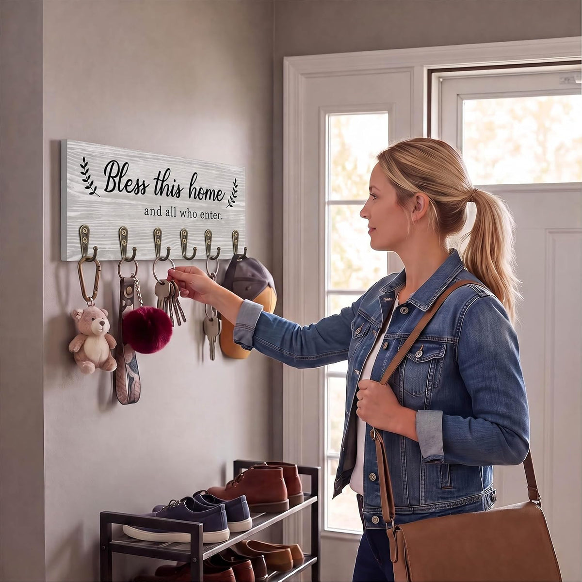 AHYS Key Holder Wall Mount with Words “Bless This Home”, Rustic Wooden Key Hanger with 6 Hooks for Farmhouse Home Entryway Living Room Decor - Light Grey