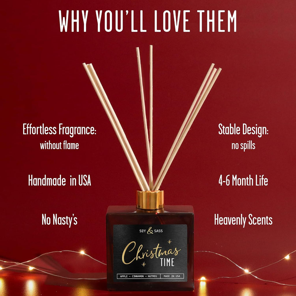 Christmas Diffuser, Christmas Reed Diffuser Decor - w/Apple, Cinnamon & Clove I Infused w/Essential Oils I 3.75 OZ Oil I Long-Lasting Scent Lasts 4-6 Month's I Made in The USA