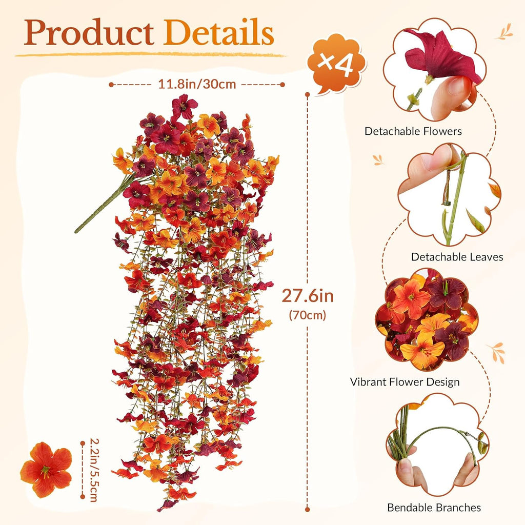 4 Pcs Upgrade Big Artificial Hanging Fall Flowers for Outdoors Decorations