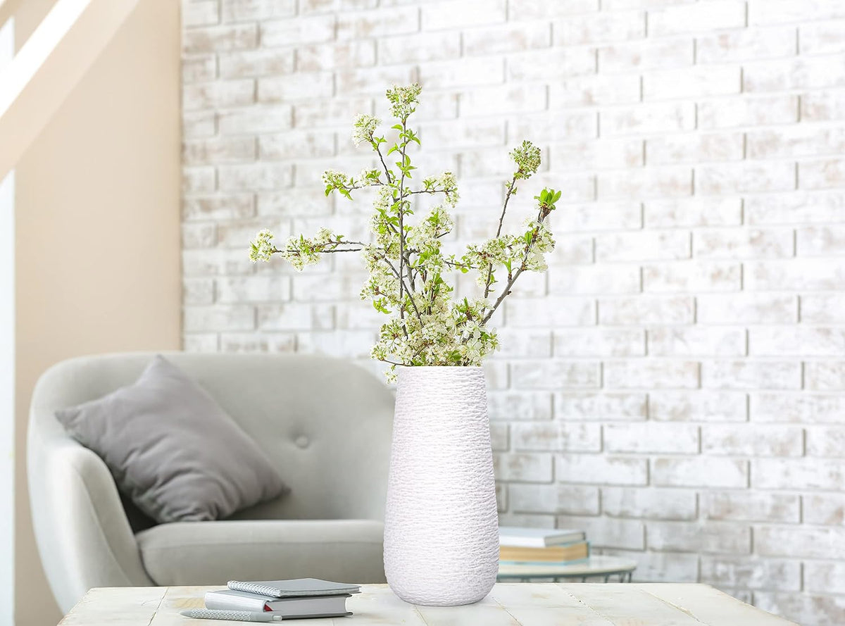 D'vine Dev 10 Inch Textured White Elegant Oval Ceramic Vase for Flowers, Home Décor Vase with Design Box, VS-LD-B-1