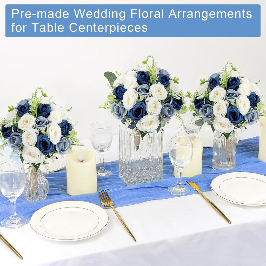 Bridesmaid Bouquets for Wedding - 7 Inch Artificial Flower Bouquet for Party Ceremony Anniversary Dinning Table Centerpieces Decor -Navy Blue & Dusty Blue & White
