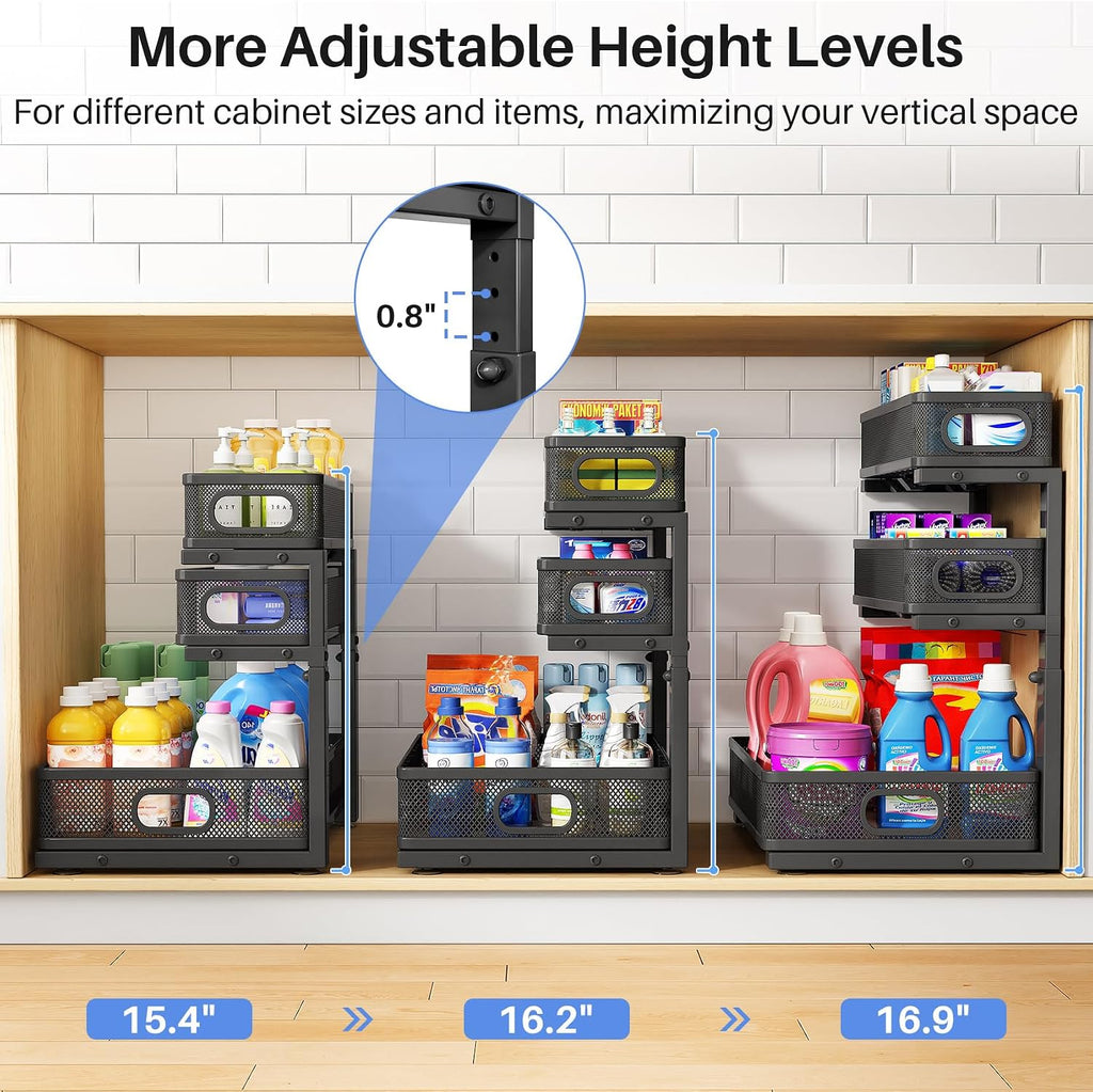 Under Sink Organizer, 3-Tier Thickened Metal Pull out Cabinet Organizer Shelf, Height Adjustable Slide out Storage Drawer Rack for Kitchen Bathroom Pantry Laundry Home Organization, 2-Pack, Black