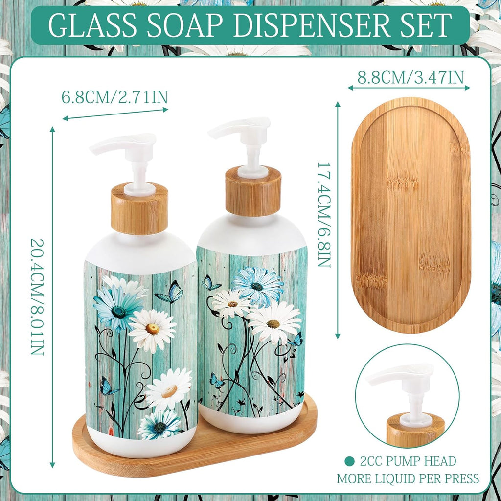 Potchen 2 Pack Glass Soap Dispenser Set Bathroom Decor Housewarming Gift Glass Soap Dispenser with Pump Wood Tray Home Decoration for Kitchen Bathroom (Teal Daisy)